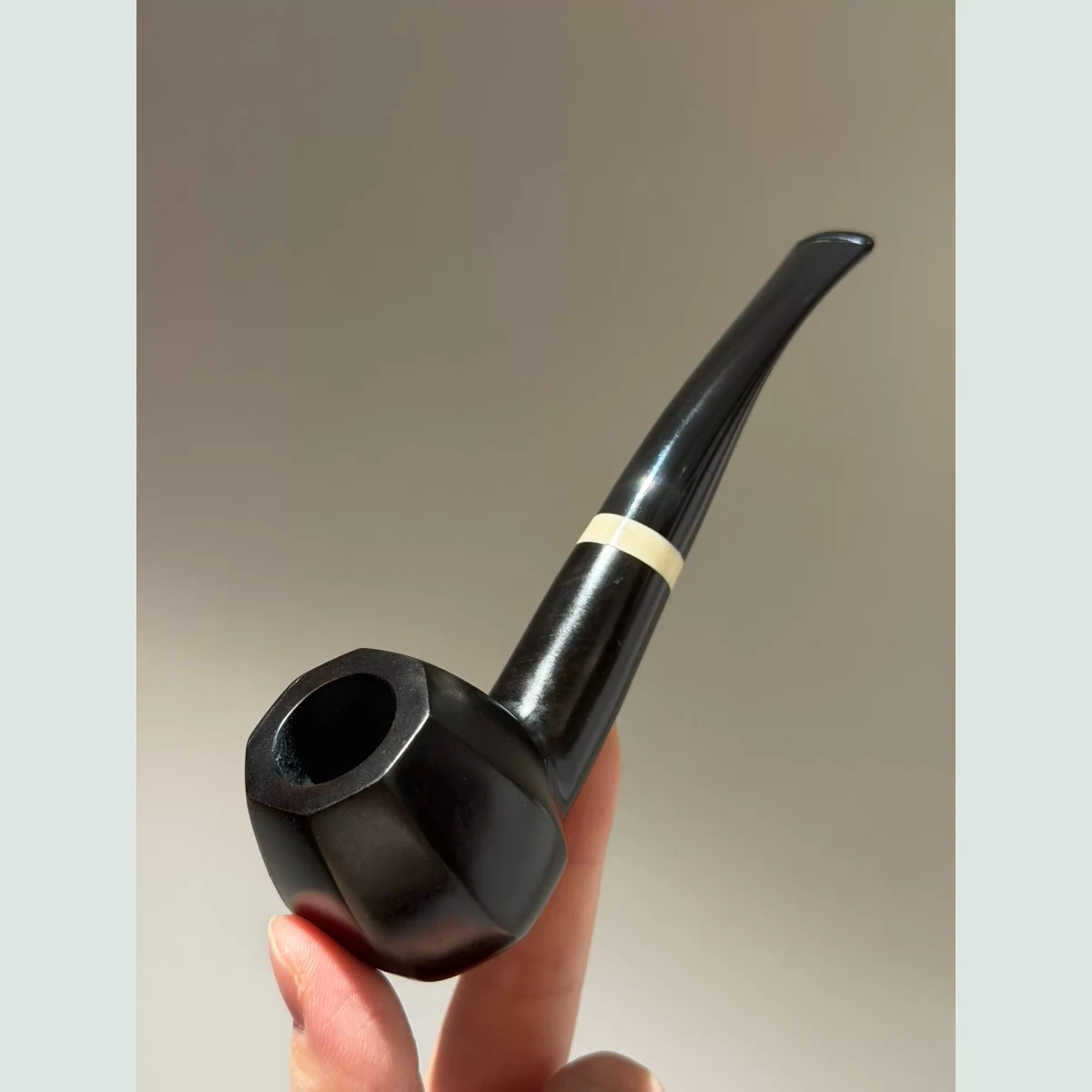 Black Tuxedo Hexagonal Sherlock Bent Solid Briar Wood Tobacco Pipe visible shape and finish detail