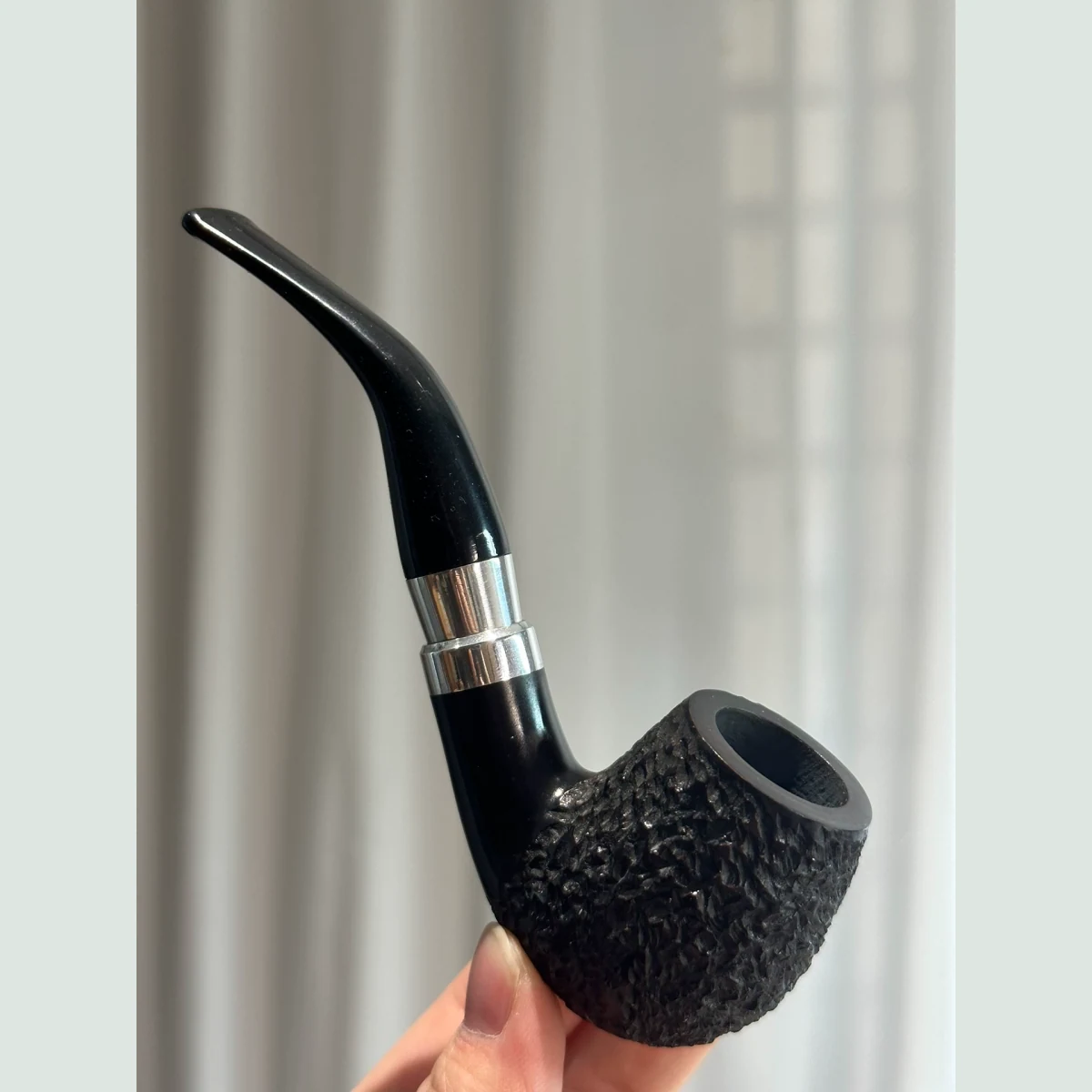Black Tuxedo Sherlock Bent Solid Briar Wood Tobacco Pipe visible shape and finish detail