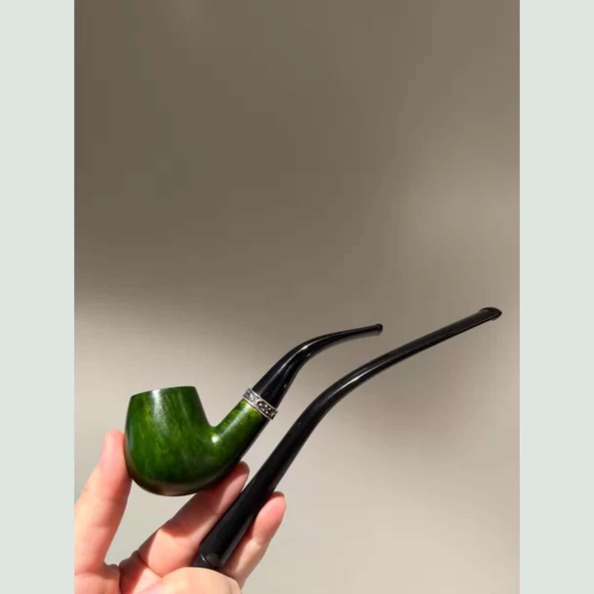 Green Sherlock Bent 2 Stems Solid Briar Wood Tobacco Pipe