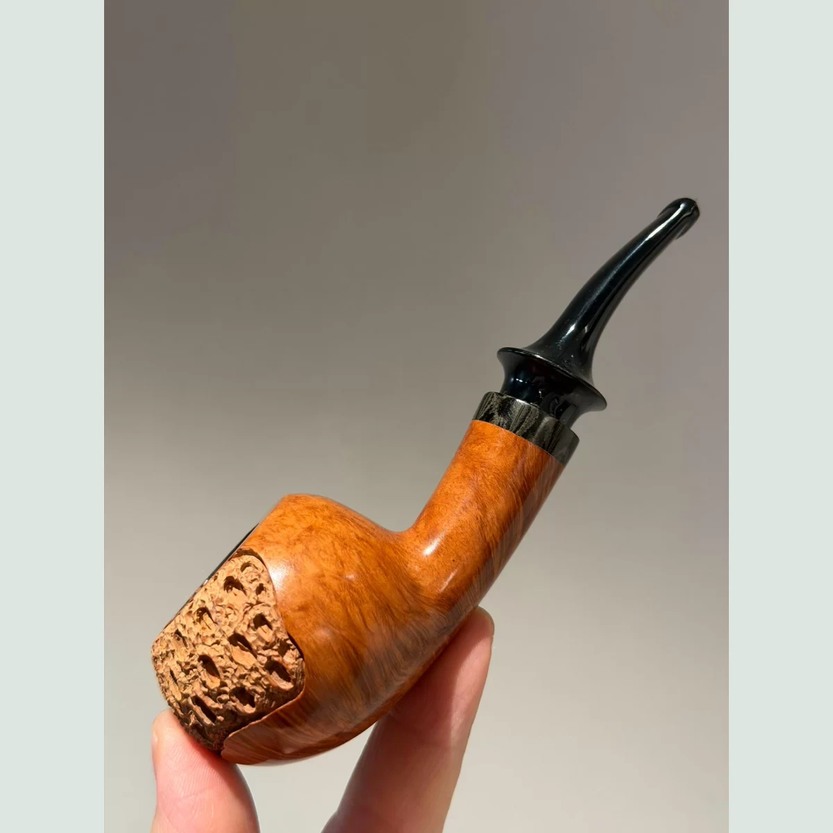 Openwork Carved Apple Slightly Bent Solid Briar Wood Tobacco Pipe visible shape and finish detail