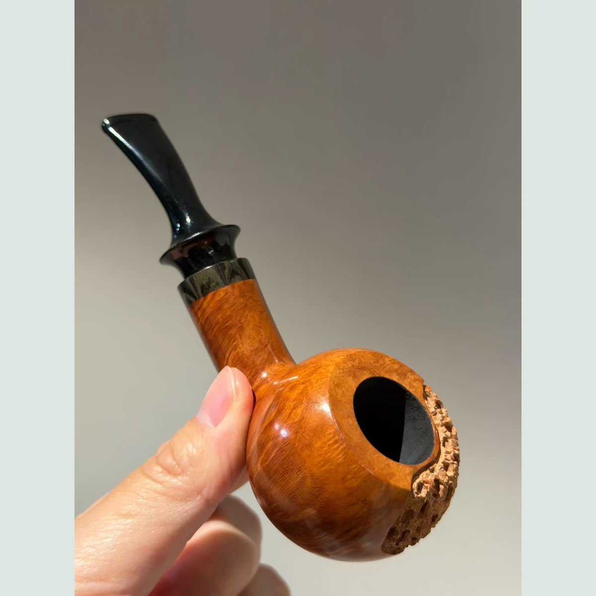 Openwork Carved Apple Slightly Bent Solid Briar Wood Tobacco Pipe supporting product view