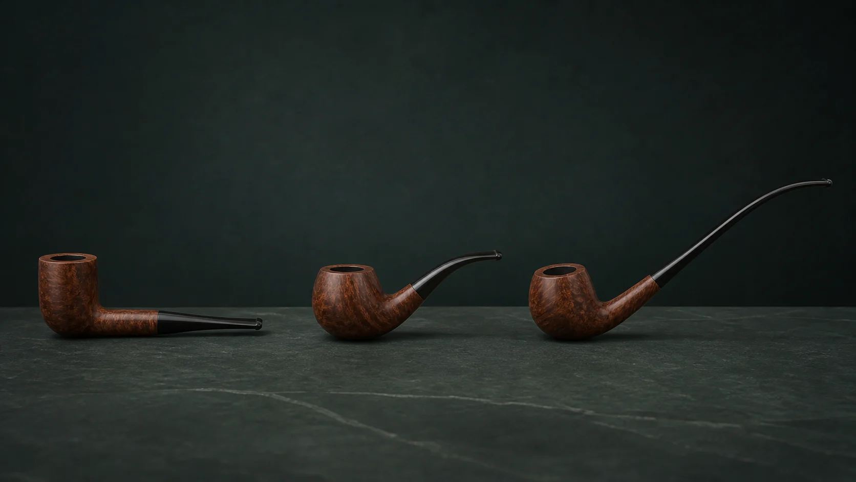 Three generic briar pipe silhouettes arranged to compare different shapes